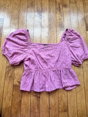 wild fable Pink Eyelet Peplum Puff-Sleeve Top